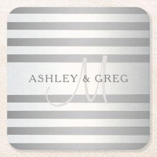 Elegant monogram Faux Silver Gradient Gray Stripes Kartonnen Onderzetters