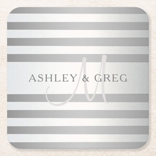 Elegant monogram Faux Silver Gradient Gray Stripes Kartonnen Onderzetters (Voorkant)
