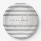 Elegant monogram Faux Silver Gradient Gray Stripes Papieren Bordje (Voorkant)