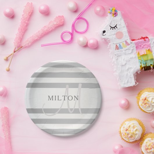 Elegant monogram Faux Silver Gradient Gray Stripes Papieren Bordje (Feest)