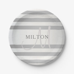 Elegant monogram Faux Silver Gradient Gray Stripes Papieren Bordje