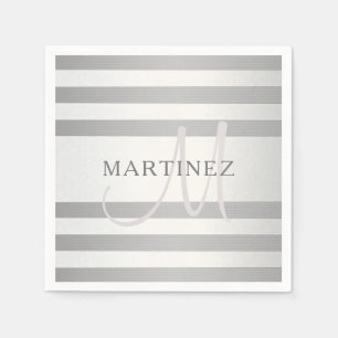 Elegant monogram Faux Silver Gradient Gray Stripes Servet
