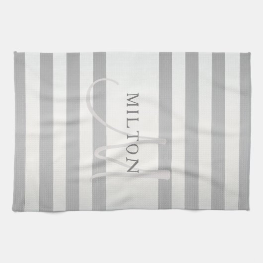 Elegant monogram Faux Silver Gradient Gray Stripes Theedoek (Horizontaal)