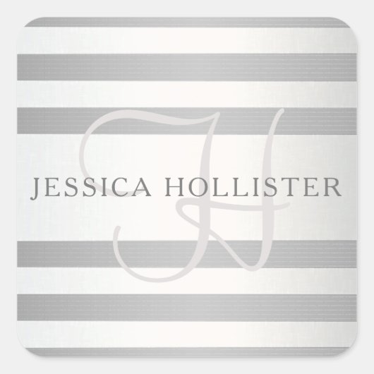 Elegant monogram Faux Silver Gradient Gray Stripes Vierkante Sticker (Voorkant)