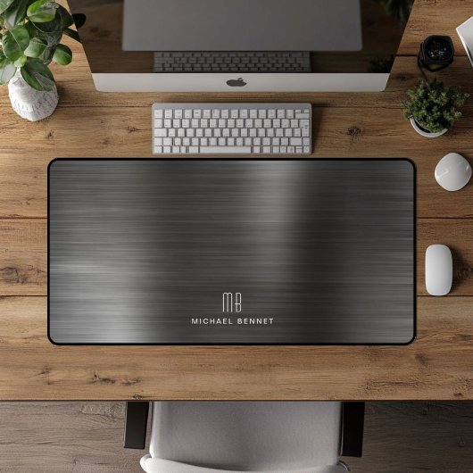 Elegant Monogram Faux Zwart Geborsteld Metaal Bureaumat
