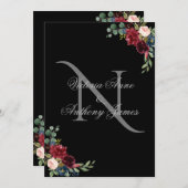 Elegant Monogram Floral Black Wedding Uitnodiging (Voorkant / Achterkant)