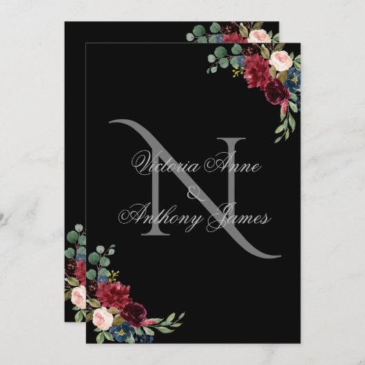 Elegant Monogram Floral Black Wedding Uitnodiging (Voorkant / Achterkant)