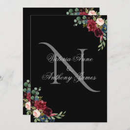 Elegant Monogram Floral Black Wedding Uitnodiging