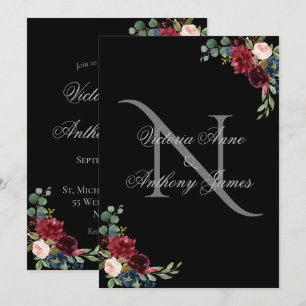 Elegant Monogram Floral Black Wedding Uitnodiging