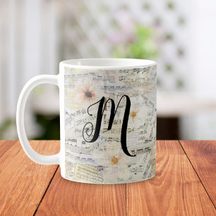 Elegant Monogram Floral Bladmuziek Koffiemok