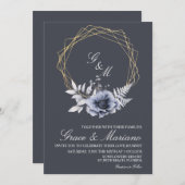 Elegant Monogram Floral Blue Wedding Uitnodiging (Voorkant / Achterkant)