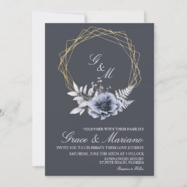 Elegant Monogram Floral Blue Wedding Uitnodiging