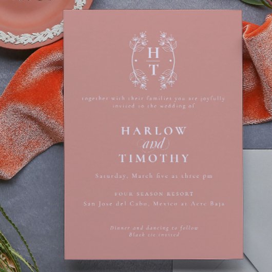 Elegant Monogram Floral Crest gouden roos bruiloft Kaart