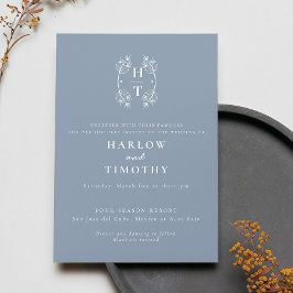 Elegant Monogram Floral Crest Stoffig Blauw Bruilo Kaart