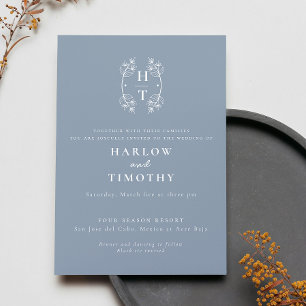 Elegant Monogram Floral Crest Stoffig Blauw Bruilo Kaart