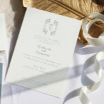 Elegant Monogram Floral Crest Stoffig Blauw Bruilo Kaart<br><div class="desc">Introductie van de Elegant Monogram Crest Wedding Invitation in Celestial Blue kleuren. Verhoog je bruiloft aankondiging met tijdloze verfijning en hemelse charme. Met zijn ingewikkelde monogram kuif en delicate script,  zet deze uitnodiging de toon voor een echt betoverende viering. Maak uw speciale dag onvergetelijk met deze prachtige uitnodigingssuite.</div>