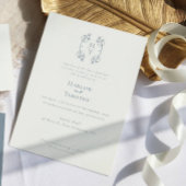 Elegant Monogram Floral Crest Stoffig Blauw Bruilo Kaart