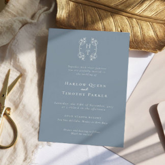 Elegant Monogram Floral Crest Stoffig Blauw Bruilo Kaart