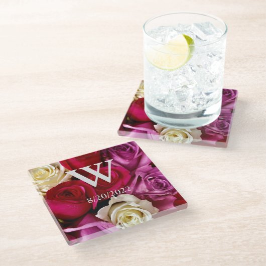 Elegant Monogram Floral Glass Onderzetter (Schuin)
