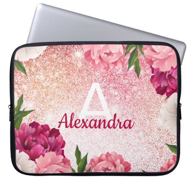 Elegant Monogram Floral Glitter Laptop Sleeve (Voorkant)