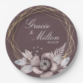 Elegant Monogram Floral Mauve Gold Wedding Papieren Bordje (Voorkant)