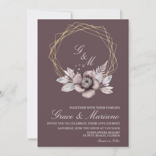 Elegant Monogram Floral Mauve Wedding Uitnodiging (Voorkant)