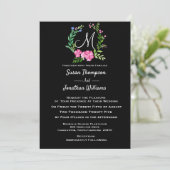 Elegant Monogram Floral op Black Wedding Kaart (Staand voorkant)