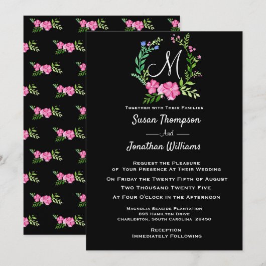Elegant Monogram Floral op Black Wedding Kaart (Voorkant / Achterkant)