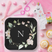 Elegant Monogram Floral Pink Black Weddenschap Bor Papieren Bordje (Feest)
