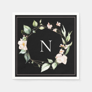 Elegant Monogram Floral Pink Black Wedding Napkins Servet