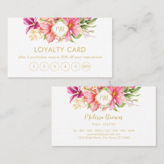 Elegant Monogram Floral Pink Pastel Klantenkaartje (Voorkant / Achterkant)