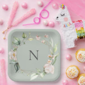 Elegant Monogram Floral Pink Sage Wedding Borden Papieren Bordje (Feest)
