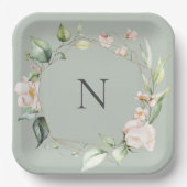 Elegant Monogram Floral Pink Sage Wedding Borden Papieren Bordje (Voorkant)