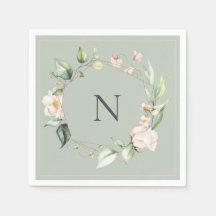 Elegant Monogram Floral Pink Sage Wedding Napkins