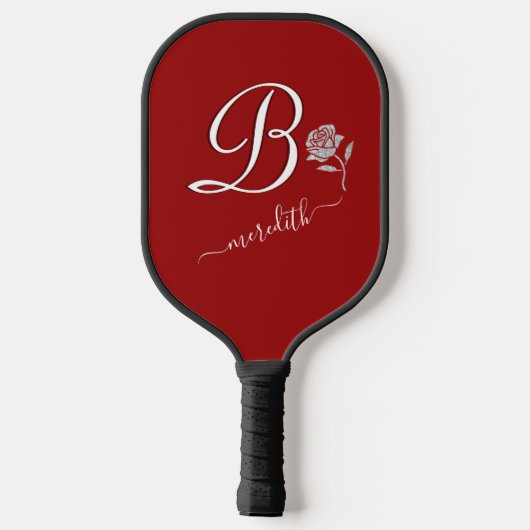 Elegant Monogram Floral Red Glitter Pickleball Paddle (Achterkant)