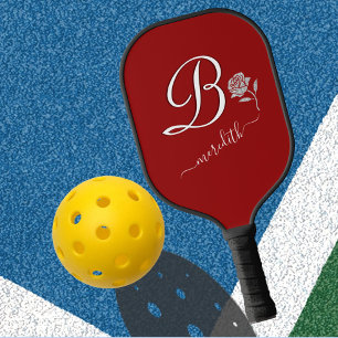 Elegant Monogram Floral Red Glitter Pickleball Paddle