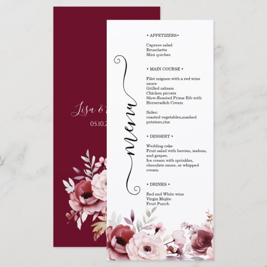 Elegant Monogram Floral Wedding Double-Sided  Menu (Voorkant / Achterkant)