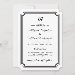 Elegant Monogram Formal Black and White Wedding Kaart