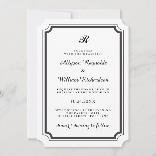 Elegant Monogram Formal Black and White Wedding Kaart (Voorkant)