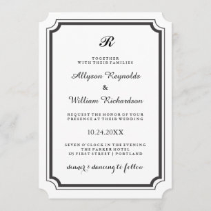 Elegant Monogram Formal Black and White Wedding Kaart