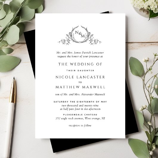 Elegant Monogram Formal Black and White Wedding Kaart