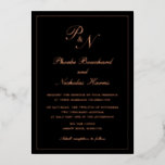 Elegant Monogram Formal Black Wedding Roos Gold Folie Uitnodiging<br><div class="desc">Traditionele gouden folie met een zwarte stijl en een roos gouden met een eenvoudig en klassiek ontwerp met uw twee initiaal monogram en uw namen in een elegante kalligrafie binnen een dunne rand. Alle ontwerpelementen aan de voorzijde zijn in reële folie afgedrukt. Deze luxe huwelijksuitnodiging met een tijdloze vormgeving is...</div>