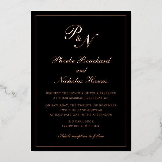 Elegant Monogram Formal Black Wedding Roos Gold Folie Uitnodiging (Voorkant)
