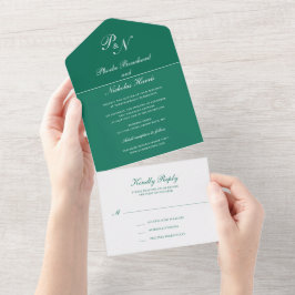 Elegant Monogram Formal Emerald Green Wedding All In One Uitnodiging