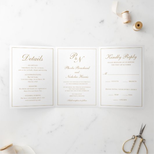 Elegant Monogram Formele Foto Faux Gold Wedding Drieluik Uitnodiging (Binnen)