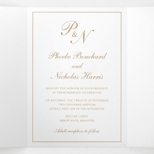 Elegant Monogram Formele Foto Faux Gold Wedding Drieluik Uitnodiging (Binnenkant midden)