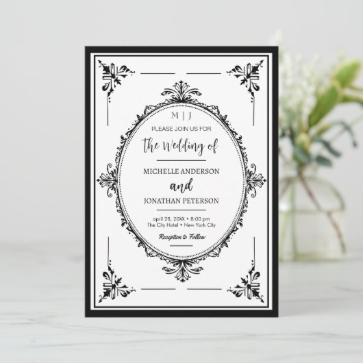 Elegant Monogram Foto Bruiloft Zwart en Wit Save The Date (Staand voorkant)