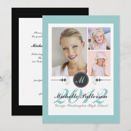 Elegant Monogram Foto Collage Afstuderen Blauwgroe Kaart (Voorkant / Achterkant)