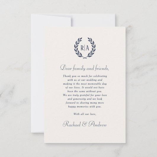 Elegant Monogram Foto Navy Blauw Bruiloft Bedankkaart (Achterkant)