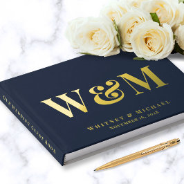 Elegant Monogram Foto Navy Blauw Bruiloft Gastenboek